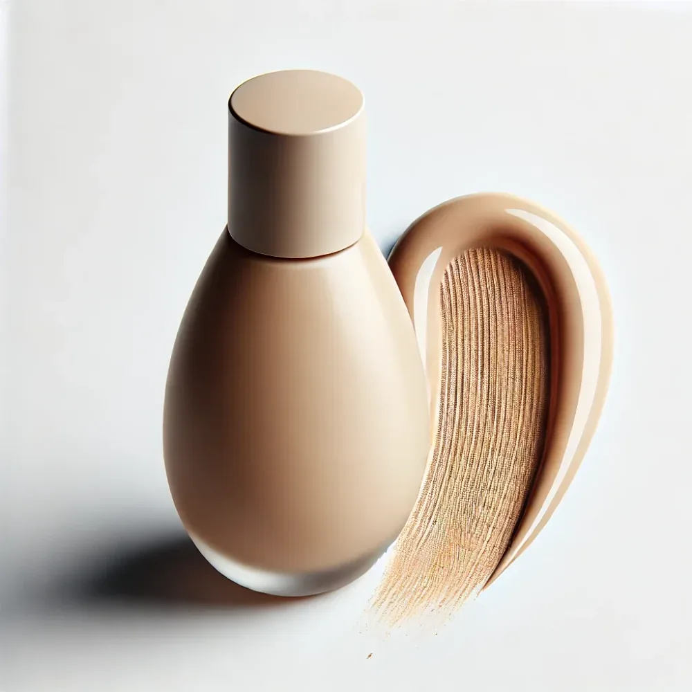 A foundation bottle alongside a sweep of beige cosmetic texture