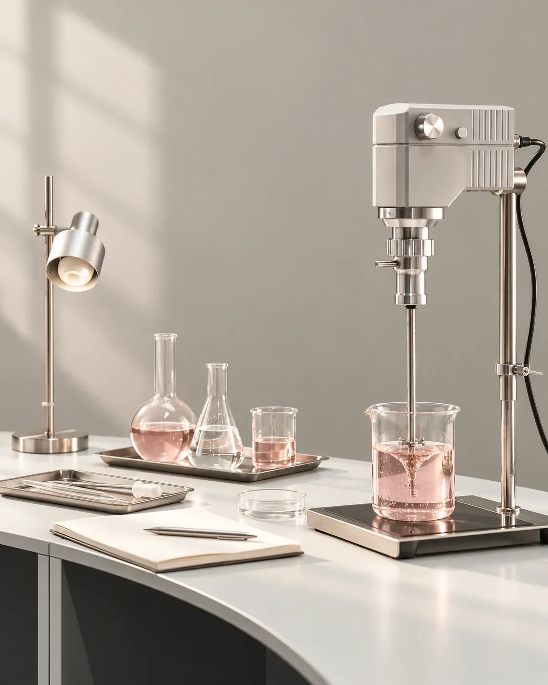Illustrative formulation workbench with glassware and a mixer; not a facility photograph