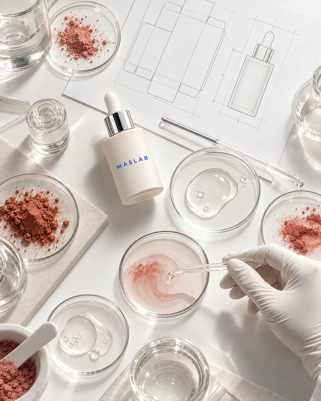 Concept study of a MASLAB sample bottle, packaging outlines and formulation materials