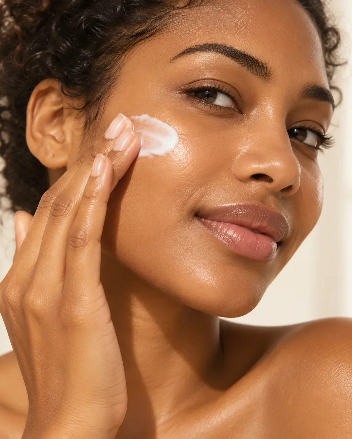 Conceptual beauty portrait showing the application of a white skincare cream